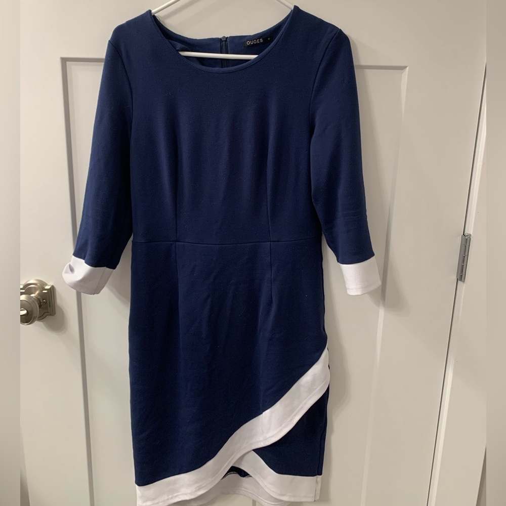 Navy blue dress with white accent trim